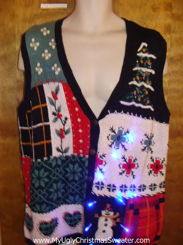 Christmas Party Crafty Patchwork Style Light Up Ugly Xmas Sweater Vest