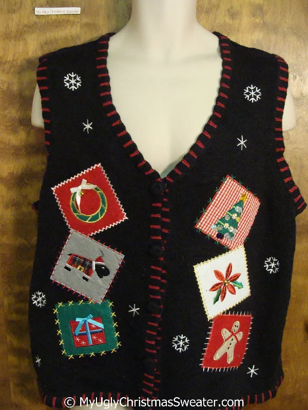Christmas Holiday Gathering Crafty Patchwork with Embroidery Ugly Christmas Sweater Vest Christmas Holiday Gathering Crafty Patchwork with Embroidery Ugly Christmas Sweater Vest