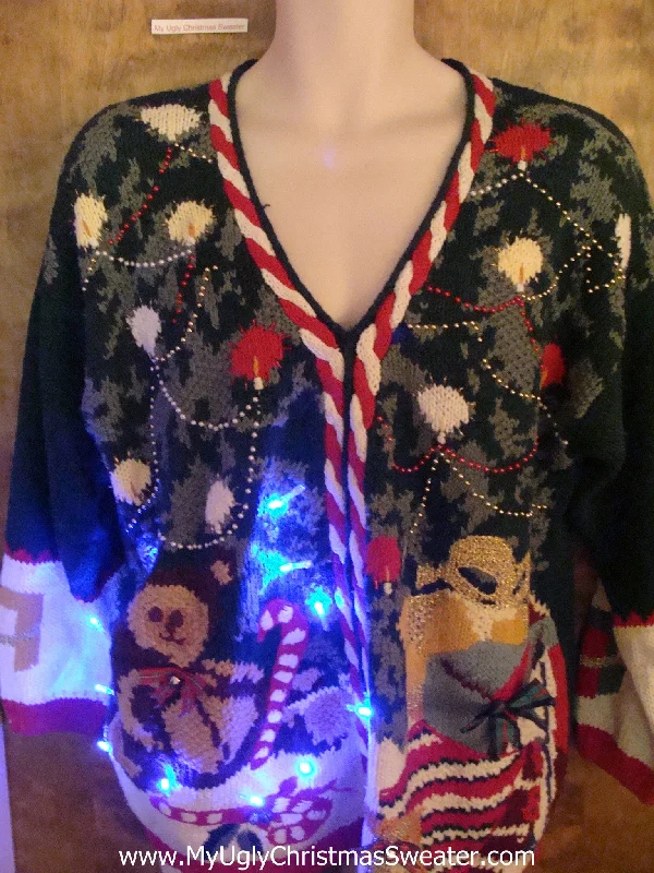 Christmas Caroling Crazy 80s Light Up Ugly Xmas Sweater with Tree