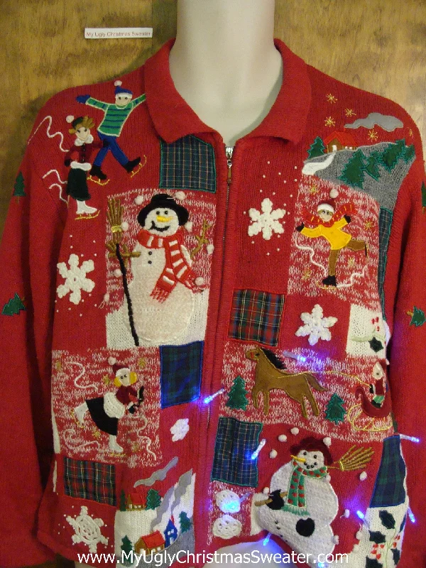 Christmas Cozy Indoor Nights Crazy Patchwork Red Light Up Ugly Xmas Sweater