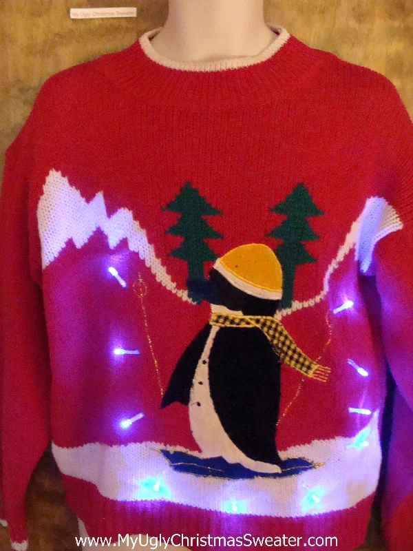 Christmas Gingerbread Cute 80s Skiing Penguin Light Up Ugly Xmas Sweater
