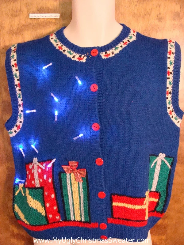 Christmas Wishes Cute Blue 80s Light Up Ugly Xmas Sweater Vest with Gifts