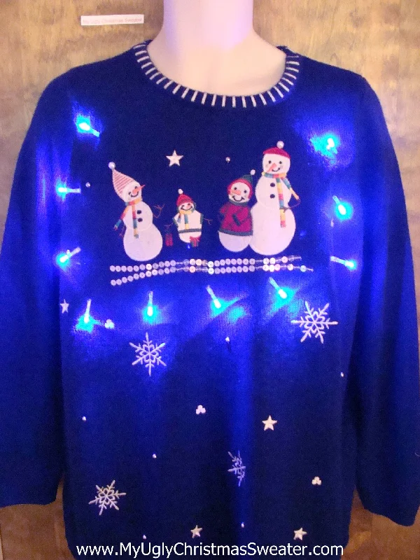 Christmas Snowfall Cute Blue Light Up Ugly Xmas Sweater  Snowman Family