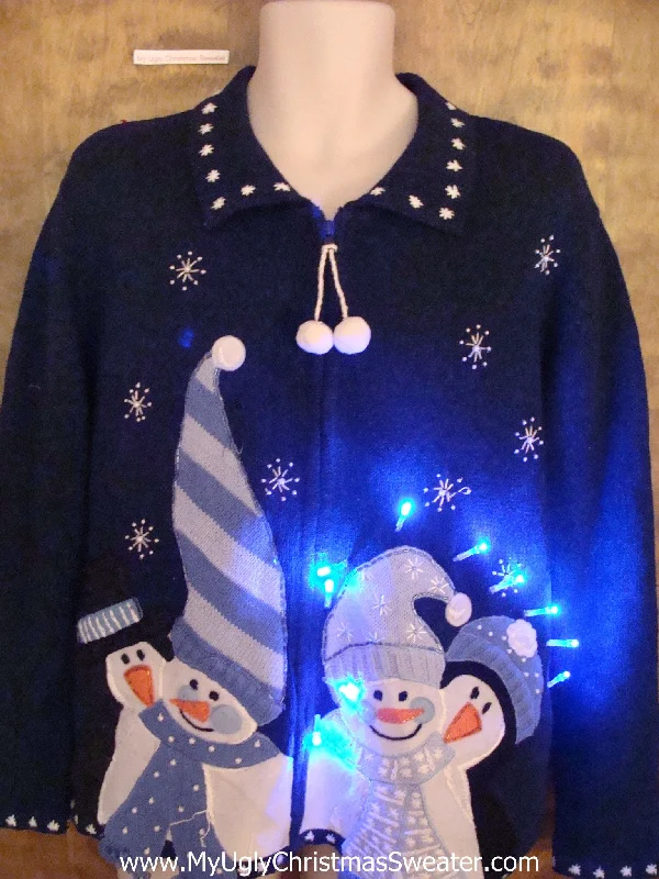 Christmas Festive Santa Hats Cute Blue Light Up Ugly Xmas Sweater with Snowmen