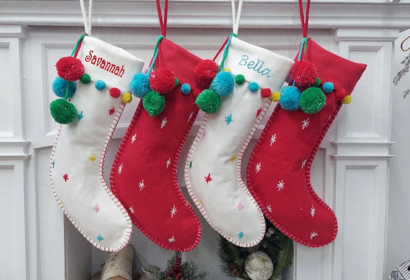 Christmas Snowy Mountains Cute Boho Pom Pom Christmas Stockings Modern in Red White with Fun Dots Confetti Personalized with Name for Her, Girls or Family Holidays Christmas Snowy Mountains Cute Boho Pom Pom Christmas Stockings Modern in Red White with Fun Dots Confetti Personalized with Name for Her, Girls or Family Holidays