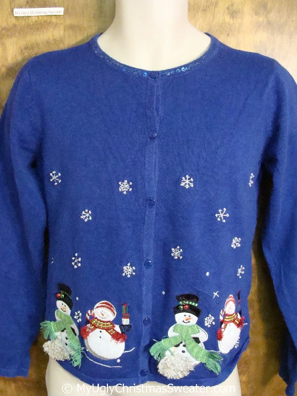 Christmas Winter Scenery Cute Bright Blue Ugly Christmas Sweater with Snowmen