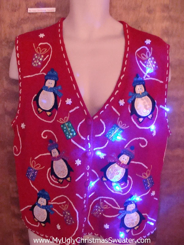 Christmas Dinner Cute Funny Penguins Light Up Ugly Xmas Sweater Vest