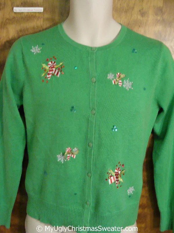 Christmas Glittering Snowy Roofs Cute Green Ugly Christmas Sweater with Candycanes