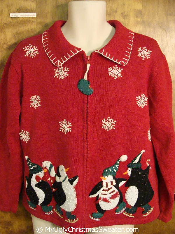 Christmas Classic Fireplace Setting Cute Penguins Skating 80s Ugly Christmas Sweater