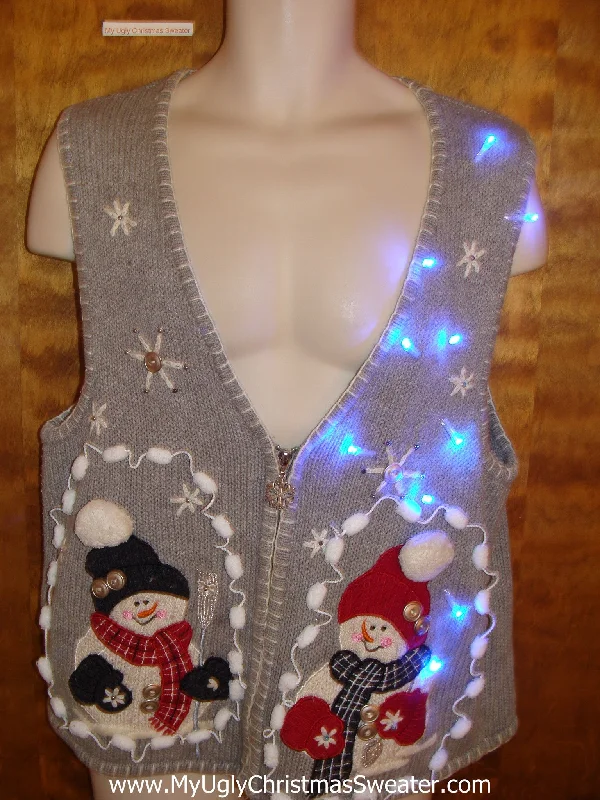 Christmas Garland Cute Pom Poms and Snowmen Light Up Ugly Xmas Sweater Vest