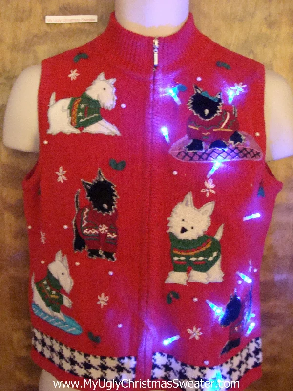 Christmas Spirit Cute Scottie Terrier Dog Light Up Ugly Xmas Sweater Vest