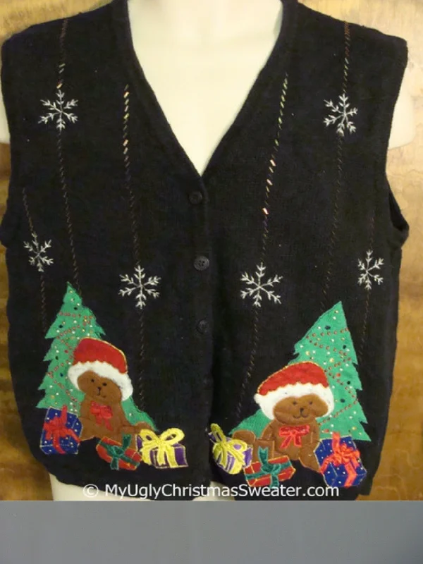 Christmas Crackling Wood Fire Cute Teddy Bears by the Tree Cheap Christmas Sweater Vest
