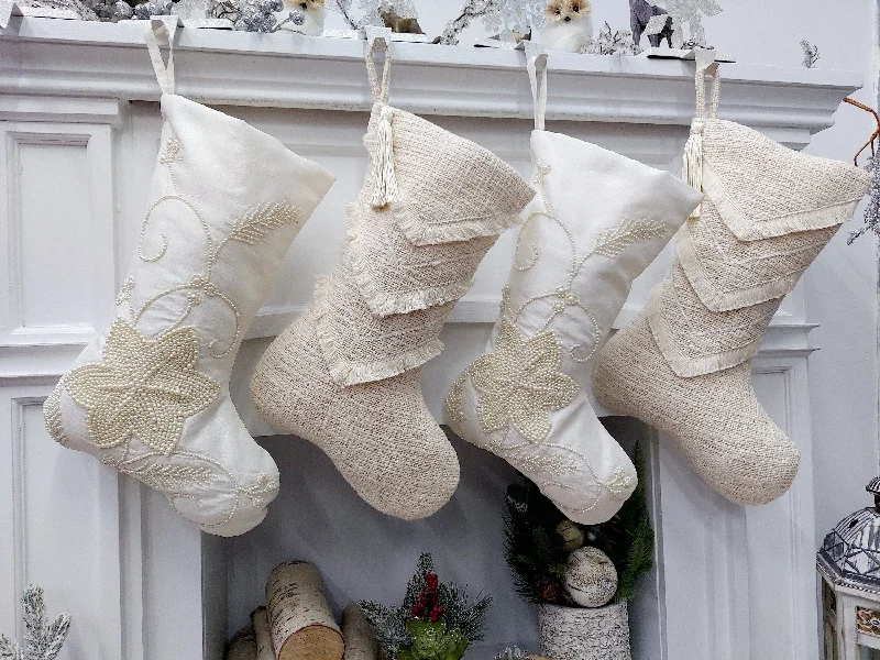 Christmas Crackling Wood Fire Elegant Ivory Christmas Stockings | Beaded Pearls Textured Fringe Beautiful Detailed Holiday Decor Personalized Embroidered Name Tag Christmas Crackling Wood Fire Elegant Ivory Christmas Stockings | Beaded Pearls Textured Fringe Beautiful Detailed Holiday Decor Personalized Embroidered Name Tag