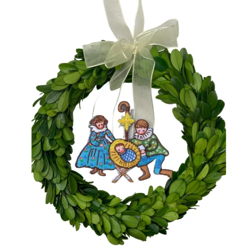 Christmas Holiday Gathering Embroidered Nativity Ornament in Preserved Laurel Wreath