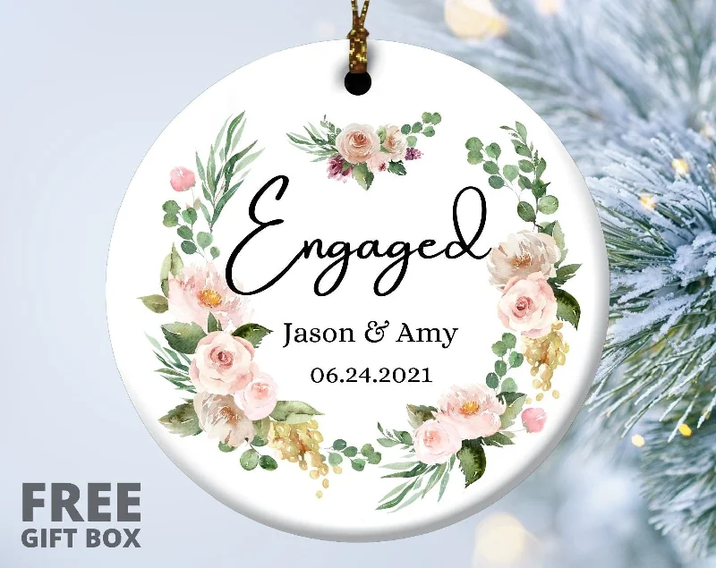 Christmas Wreath Engaged Christmas Ornament, Personalized Ceramic Ornament, We Are Engaged, Custom Engagement Ornament, First Christmas Engaged Ornament