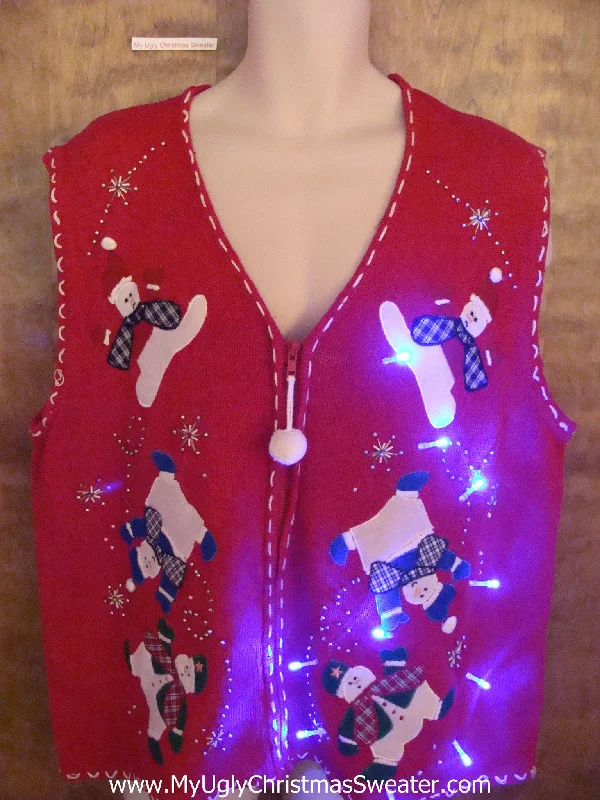 Holiday Cheer Falling Snowmen Red Light Up Ugly Xmas Sweater Vest