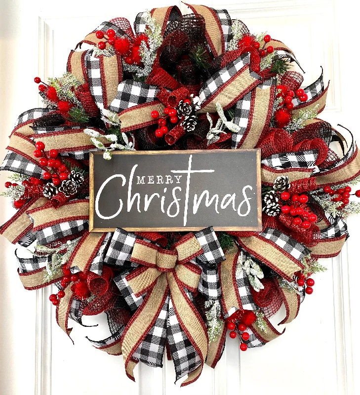 Christmas Crackling Wood Fire Farmhouse Buffalo Plaid Christmas Wreath