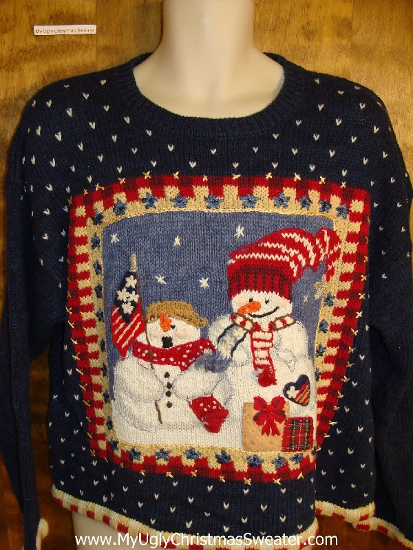 Christmas Joy Festive Patriotic Snowmen Ugly Christmas Sweater