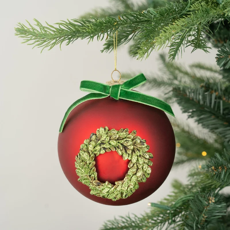 Christmas Gifts Matte Red Ball Ornament with Festive Wreath Detailing