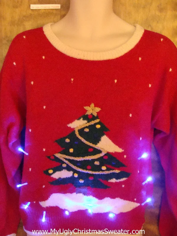Christmas Gift Packing Station Festive Red Light Up Ugly Xmas Sweater with Tree
