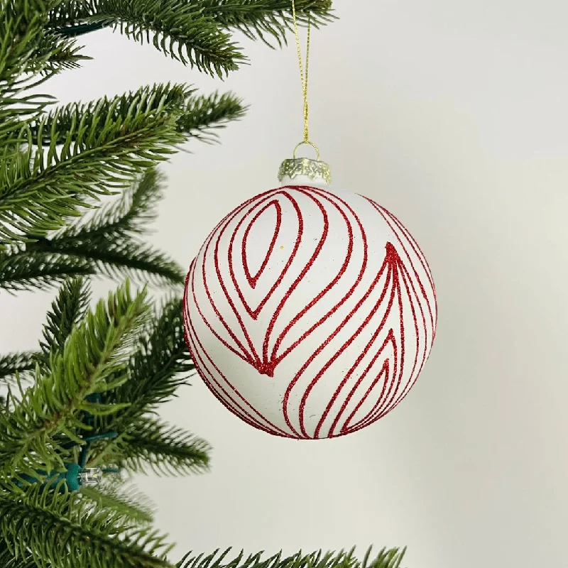 Christmas Wrapping Matte White Ball Ornament with Red Stripes
