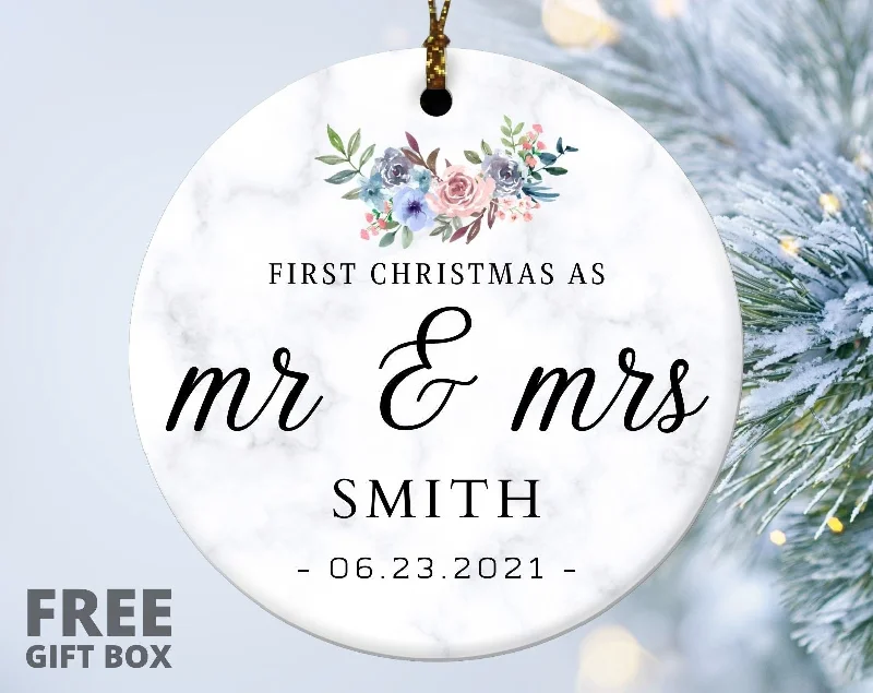 Holiday Season First Christmas Married Ornament, Personalized Christmas Ornament, Our First Christmas Married as Mr and Mrs Ornament, Newly Married Gift