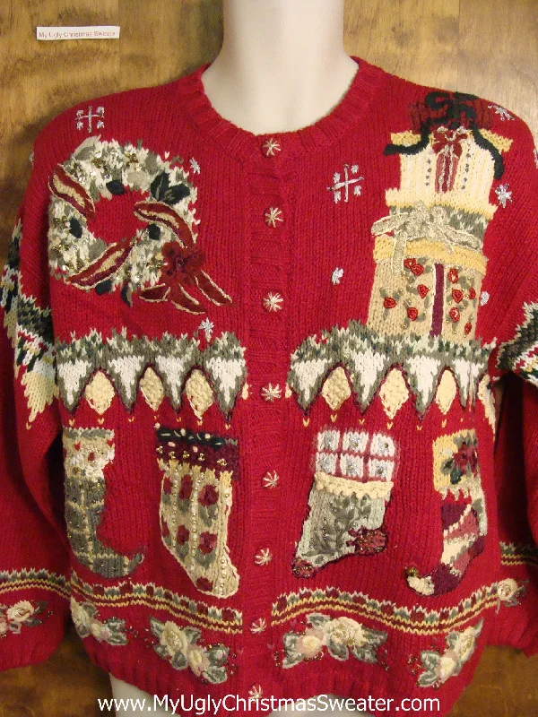 Christmas Festive Santa Hats Fun Ornate 80s Red Ugly Christmas Jumper