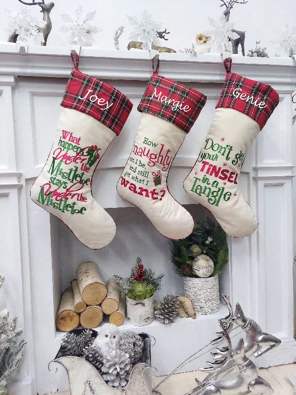 Christmas Cozy Holiday Magic Funny Christmas Stockings | Plaid Tartan Naughty Tinsel Mistletoe Gag Gift Party Friends Office Co Workers Personalized Embroidered Name Christmas Cozy Holiday Magic Funny Christmas Stockings | Plaid Tartan Naughty Tinsel Mistletoe Gag Gift Party Friends Office Co Workers Personalized Embroidered Name