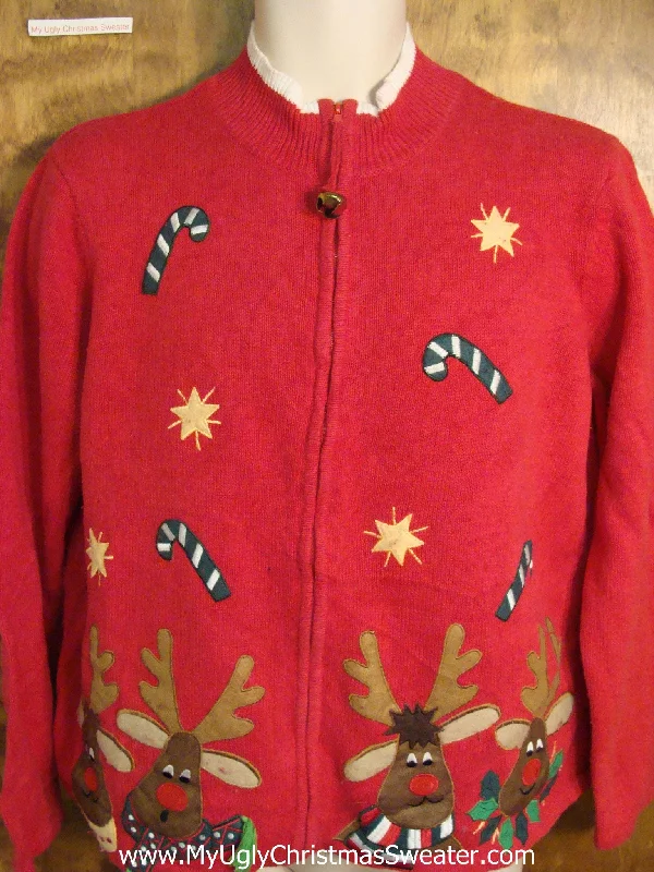 Christmas Crackling Bonfire Funny Reindeer and Candycanes Ugly Christmas Jumper