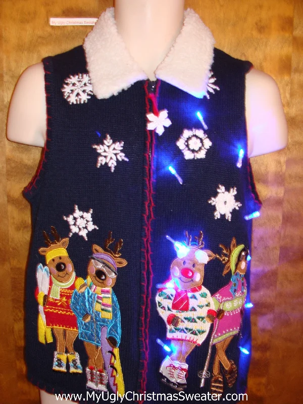 Christmas Bells Funny Skiing Bears Light Up Ugly Xmas Sweater Vest