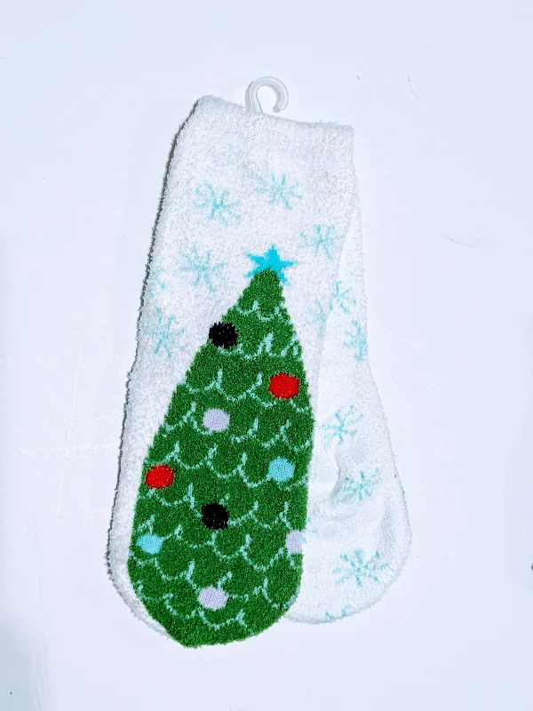 Holiday Cheer Fuzzy Christmas Tree Crew Socks with Non-Slip Bottoms