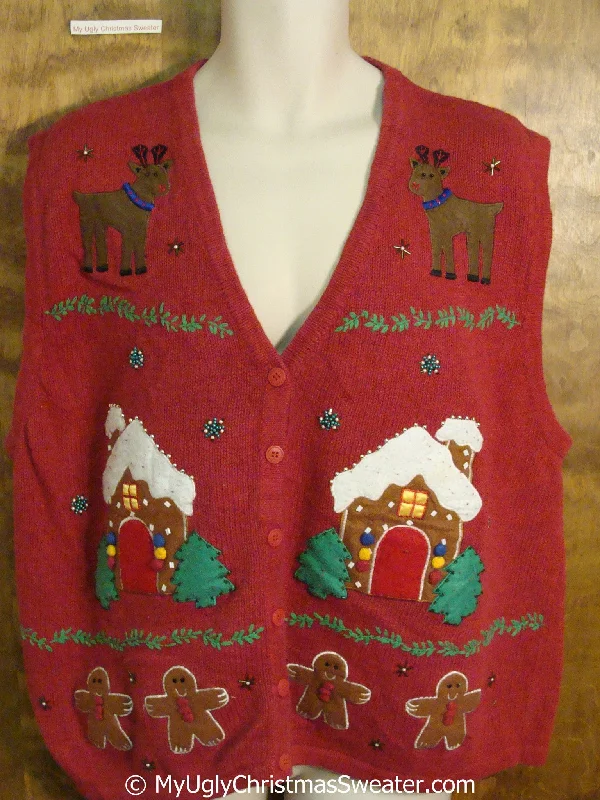 Christmas Storytelling Around Fire Gingerbread and Reindeer Christmas Sweater Vest