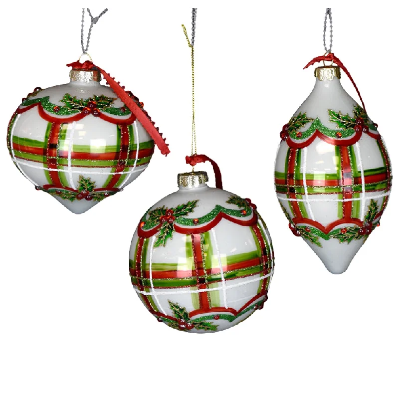 Glass Holly Stripe Ornament - White/Green/Red