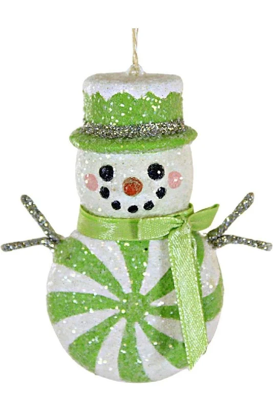 Christmas Crackling Wood Fire Green Peppermint Snowman Ornament