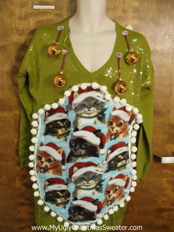 Christmas Family Time Green Sequin Ugly Christmas Sweater Party Dress with Cats Size L Christmas Family Time Green Sequin Ugly Christmas Sweater Party Dress with Cats Size L
