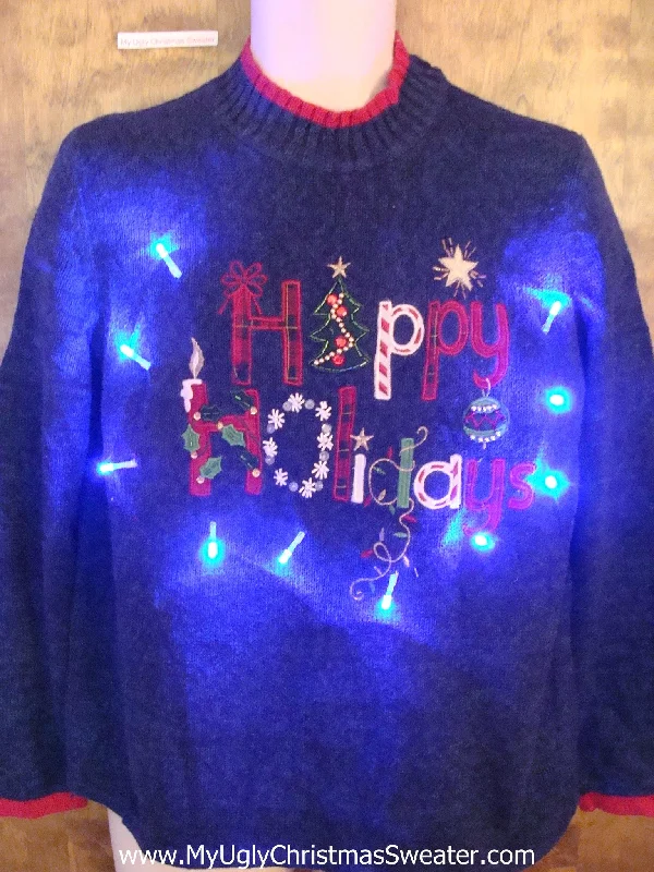 Cozy Christmas HAPPY HOLIDAYS Cute Light Up Ugly Xmas Sweater