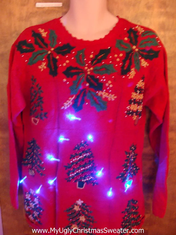 Christmas Fireplace Decor Horrible 80s Poinsettias and Trees Light Up Ugly Xmas Sweater