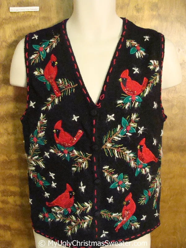 Christmas Cheerful Holiday Atmosphere Horrible Cheap Ugly Christmas Sweater Vest with Red Cardinals Christmas Cheerful Holiday Atmosphere Horrible Cheap Ugly Christmas Sweater Vest with Red Cardinals