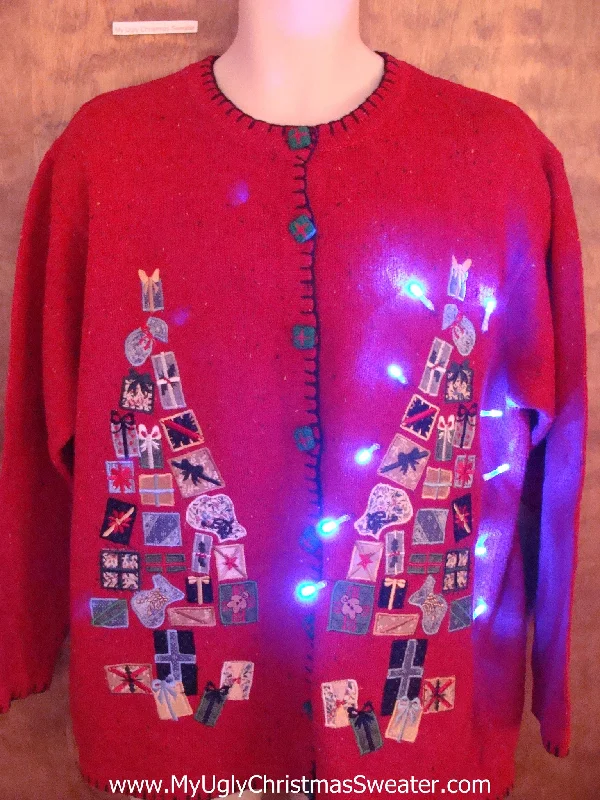 Christmas Cozy Indoor Fireplace Horrible Collage Trees Light Up Ugly Xmas Sweater