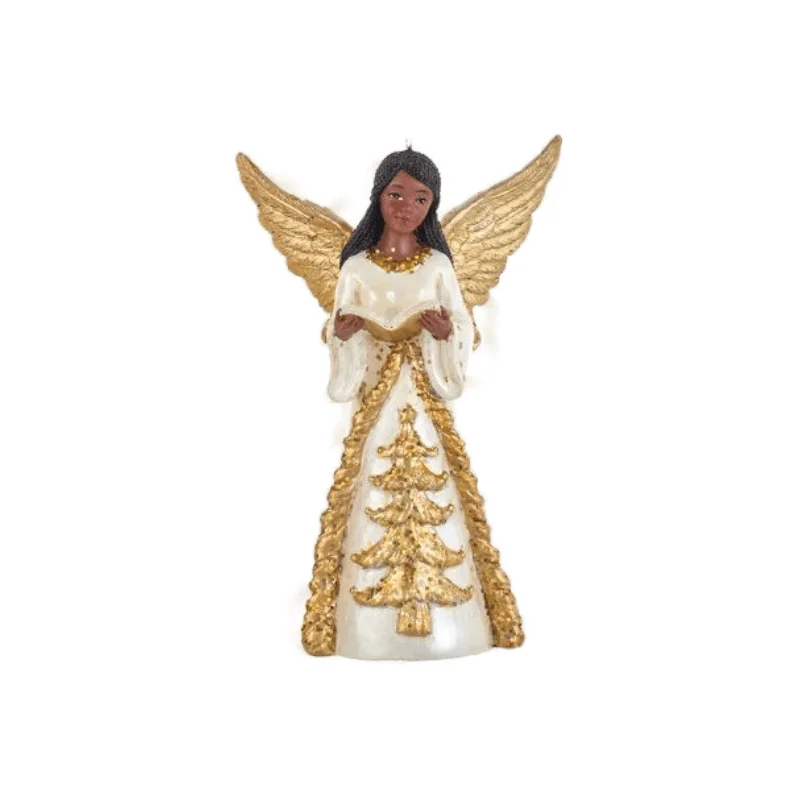 Christmas Fireside Hot Drinks Ivory and Gold African American Angel with Book Ornament