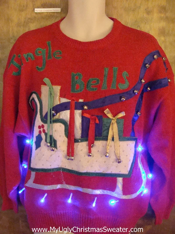 Christmas Fireplace Mantel JINGLE BELLS 80s Red Light Up Ugly Xmas Sweater