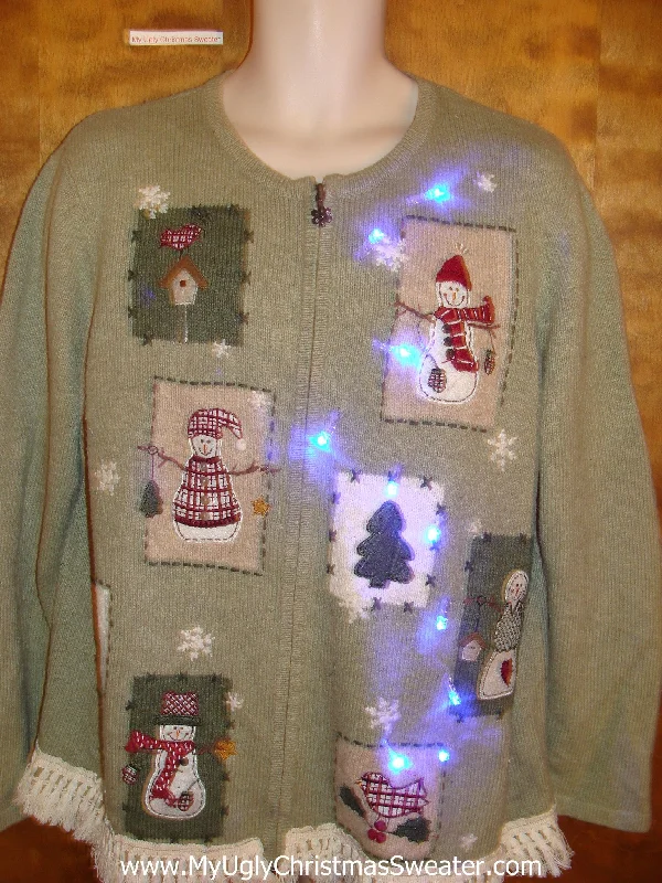 Christmas Jolly Festivities Light Up Green Ugly Xmas Sweater with Fringe