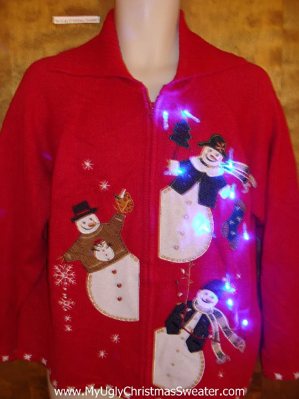 Christmas Festive Festivities Light Up Red Ugly Xmas Sweater with Peeking Snowmen