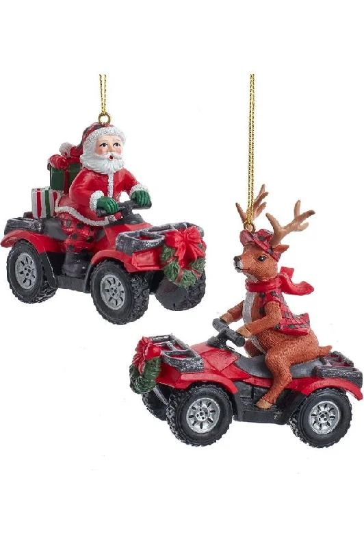 Christmas Dreamy Snowfall Lodge Santa & Reindeer on ATV Ornaments (Asst 2)