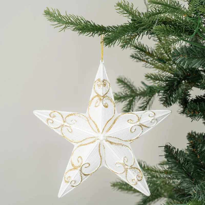 Christmas Wonderland Matter White Star Ornament Engraved with Gold Glitter