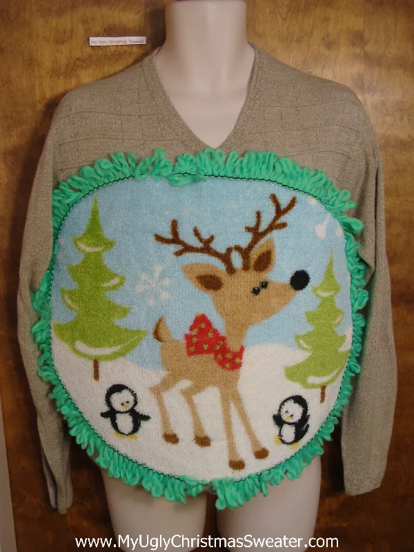 Mens Fluffy Reindeer Vneck Sweater