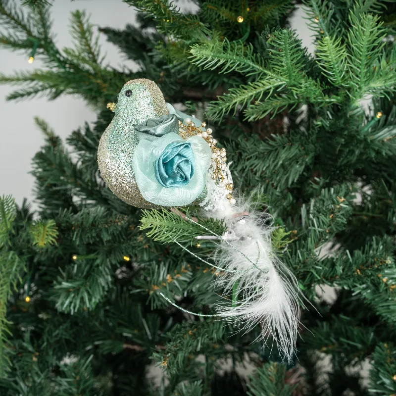 Christmas Fireplace Mantel Mint Bird Clip-on Ornament with Satin Flower