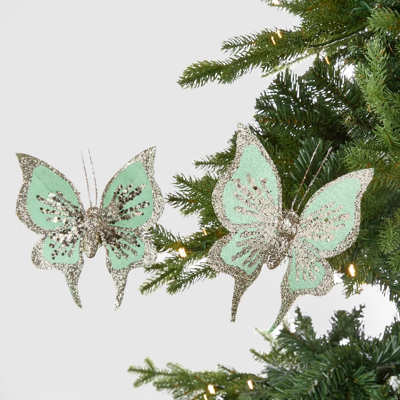 Christmas Hot Chocolate Mint Green Butterfly Clip-on Ornament with Gold Glitter
