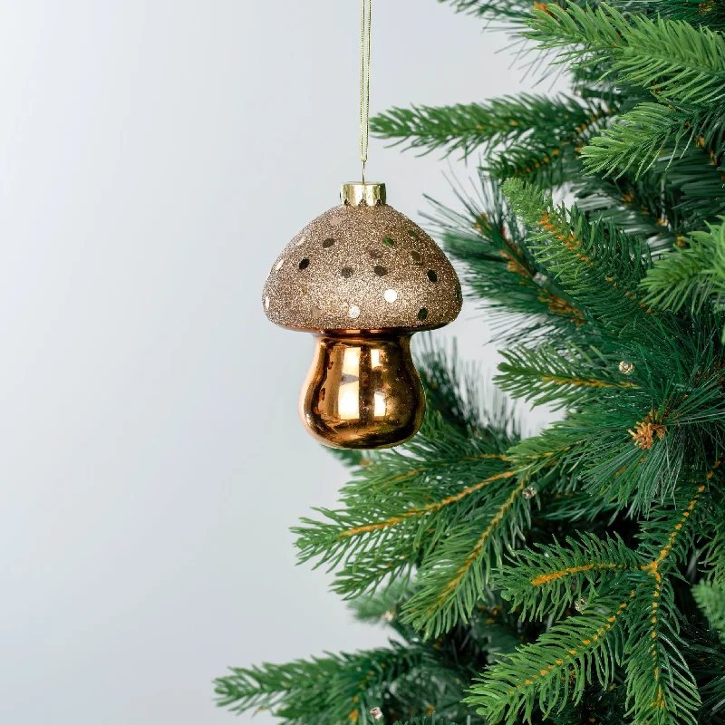 Christmas Crackling Bonfire Mirrored Brown Mushroom Festive Ornament with Glitter