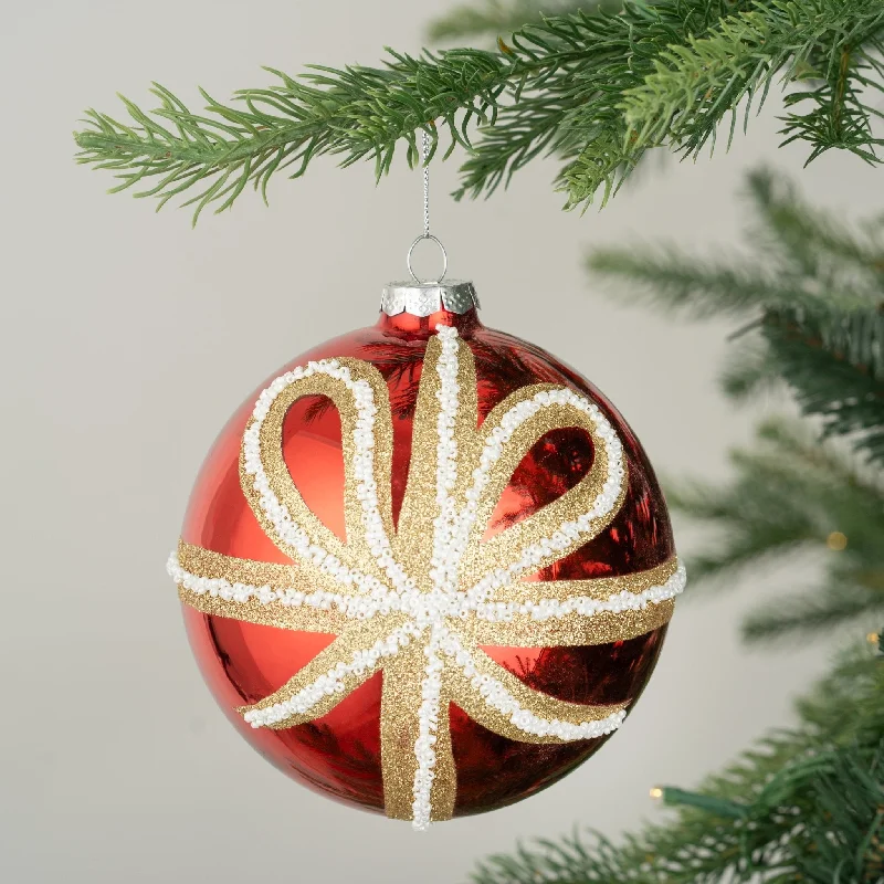 Christmas Fireside Hot Drinks Mirrored Red Ball Ornament with Bow Patterning